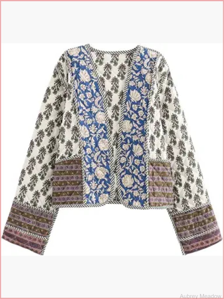 Cropped Puffer Quilted Jacket Cardigan Floral Printed Lightweight Open Front